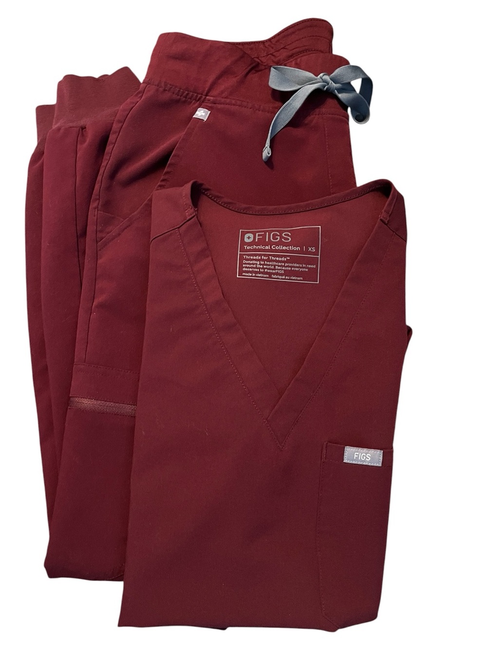 Figs Maroon V-Neck Scrub Set with Gray Drawstring Accent